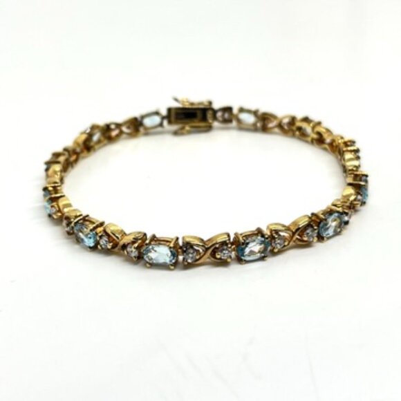 VINTAGE DBJ 925 VERMEIL BLUE TOPAZ CZ TENNIS BRACELET GOLD STERLING SILVER 7” - Picture 3 of 14